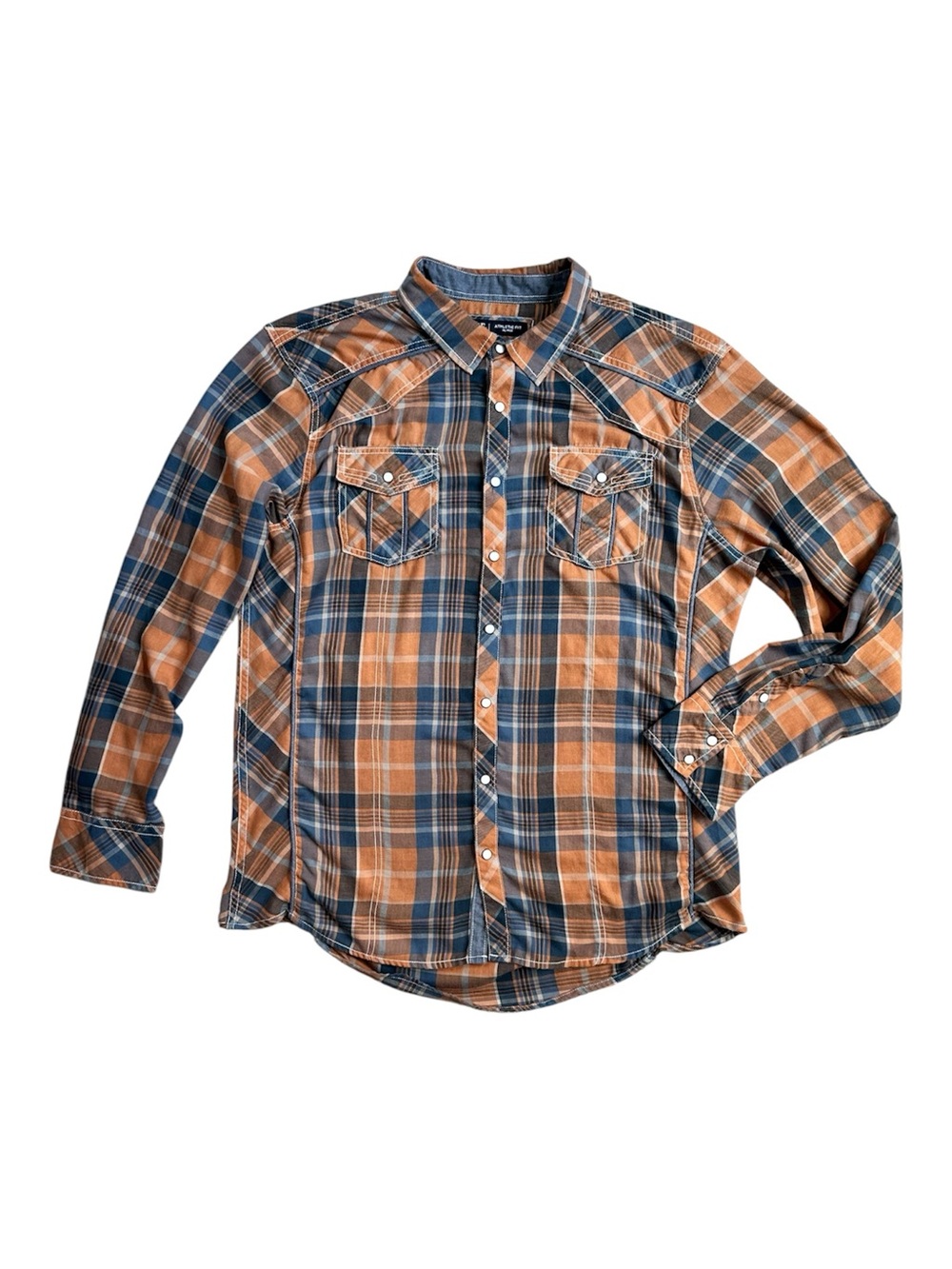 BKE Men's Athletic Fit Western Plaid Shirt Blue Orange White Button-Down Snap XL